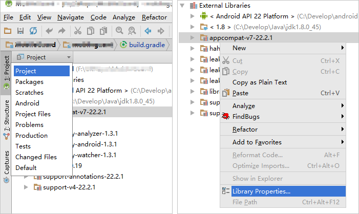 在 Project 视图中查看 appcompat-v7 的属性